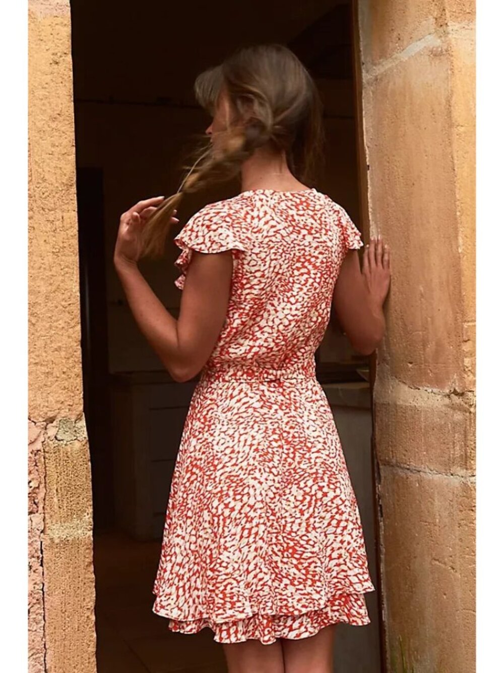 Free People Orange French Quarter Wrap Mini Dress Size L Large excellent - Picture 2 of 9